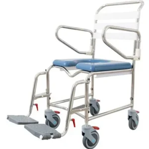 KCare Height Adjustable Attendant Propelled Shower Commode with Swing-Up Arms and Swingaway Footrest 445mm